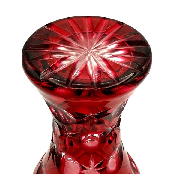 Bohemian Lead Crystal Cut to Clear Cranberry Round Thumb Star Vase VTG - Picture 3 of 7